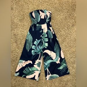 Lulus dark blue floral strapless midi jumpsuit- small